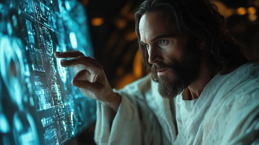 Jesus reaching toward a glowing holographic screen of Scripture